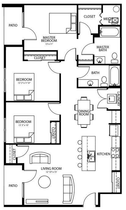 Floor plan for 3 beds, 2 baths, 1285 sqft